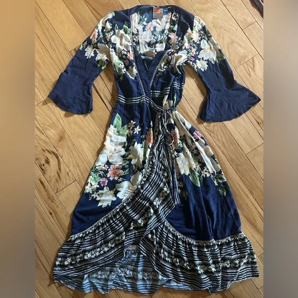 Anthropologie Farm Floral Blue and White Bell Sleeve Wrap Dress - Picture 1 of 8
